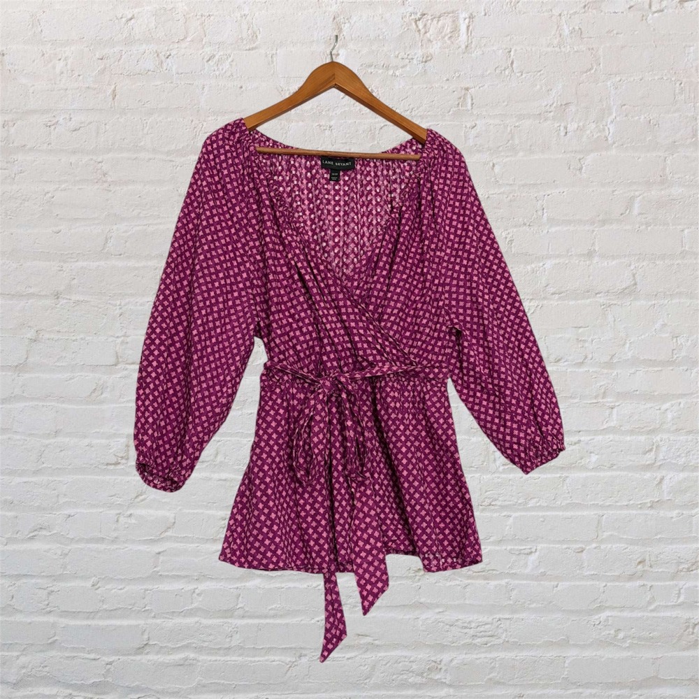 Lane Bryant Purple Pink Geometric Wrap Top Cotton Balloon Sleeve‎ Blouse 18/20